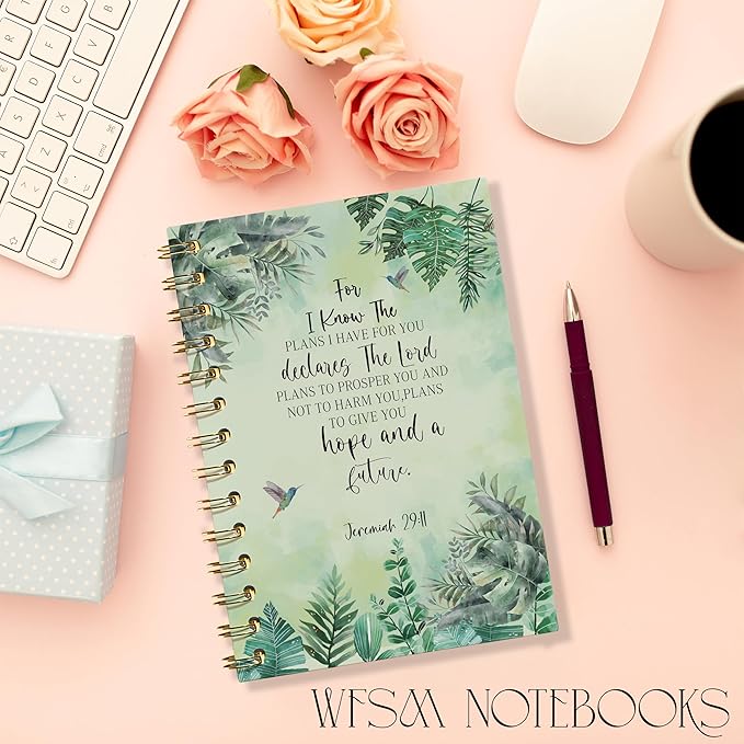 Christian Bible Journals for Women, Prayer Journal for Women, for I Know the Plans I Have for You, Bible Notebooks for Note Taking, Green Tropical Leaves Hardcover Spiral Notebook 5.5x8.3