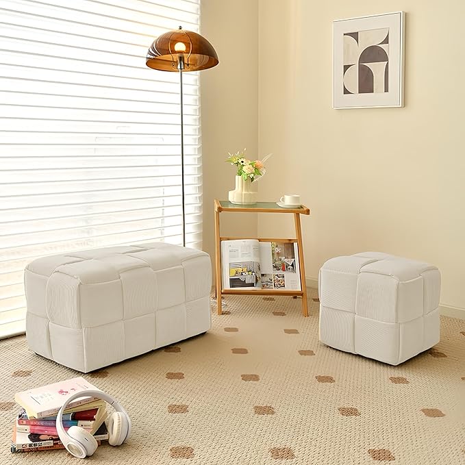 Ottoman Foot Rest Soft and Comfortable Ottoman Square Corduroy Woven Design Sofa Stool (White-L)