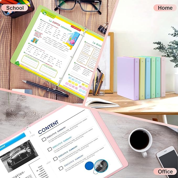 0.5 inch 3-Ring Binder, 1/2 inch Round Ring Binder with 2 Inside Pockets, Clear View Cover Binders Holds 8.5'' x 11''Paper,Pastel Color Binders for Office/Home/School Supply, 6 Pack