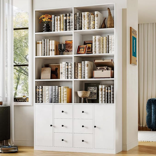 IRONCK 78.7" Bookcase with 6 Drawers, 6 Tier Large Bookshelf with 2 Doors, Large Bookcase with Adjustable Shelves, Tall Storage Cabinet for Home Office, Living Room, White