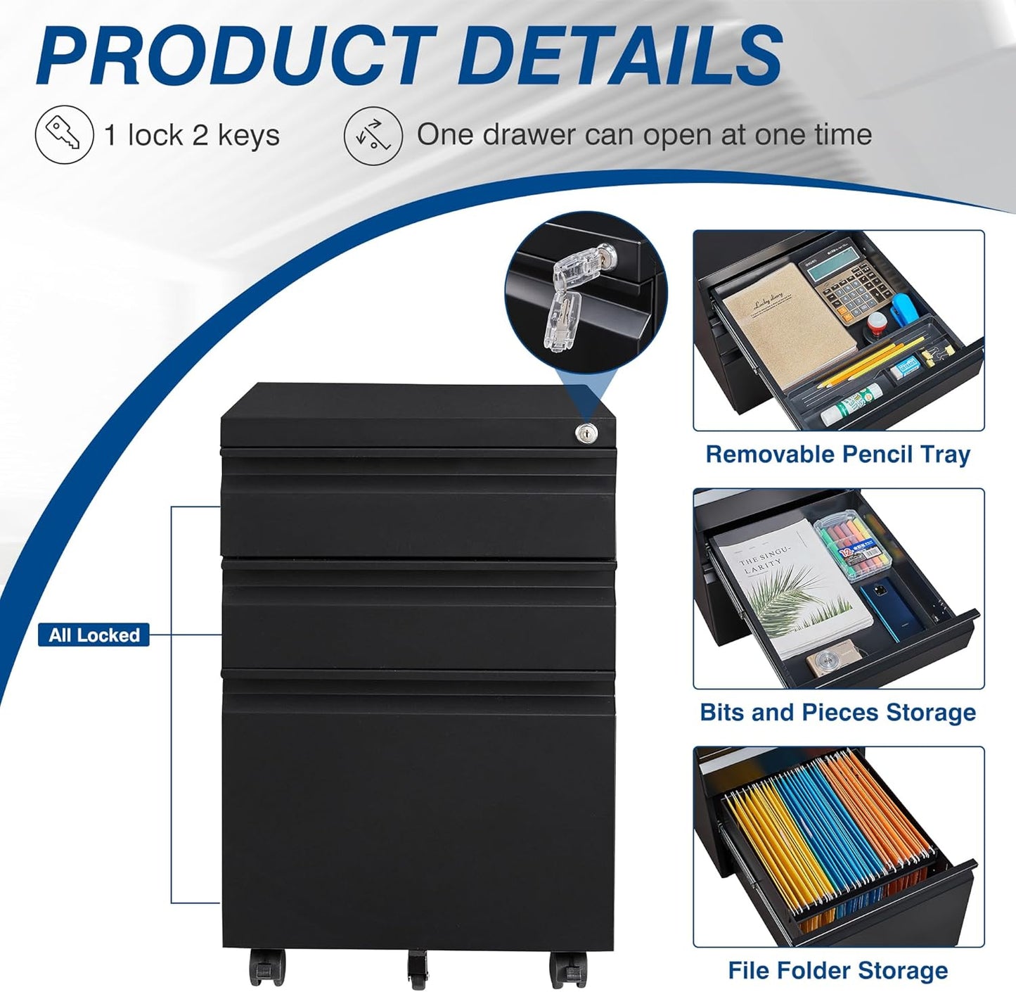 3 Drawer Mobile Metal File Cabinet, Black Filling Cabinets with Lock, Pre-Built Office Storage File Cabinet with Wheels Under Desk - Assembled Required