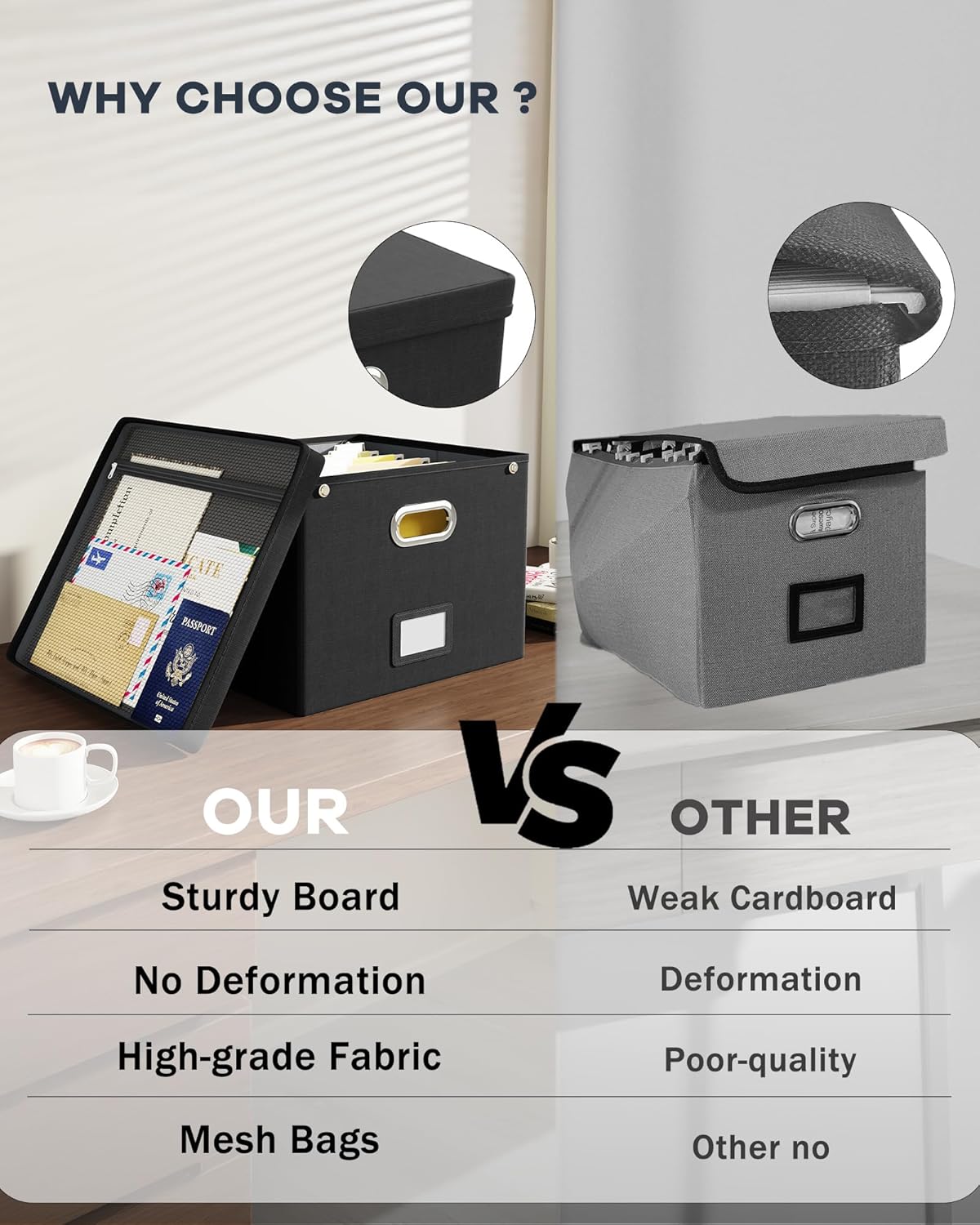 Oterri File Organizer Box with Lid,Large Hanging Filing Box with Mesh Pocket, Document c for Letter Files, Portable Storage Case with Smooth Sliding Rail for Office&Home (1 PCS, Black)