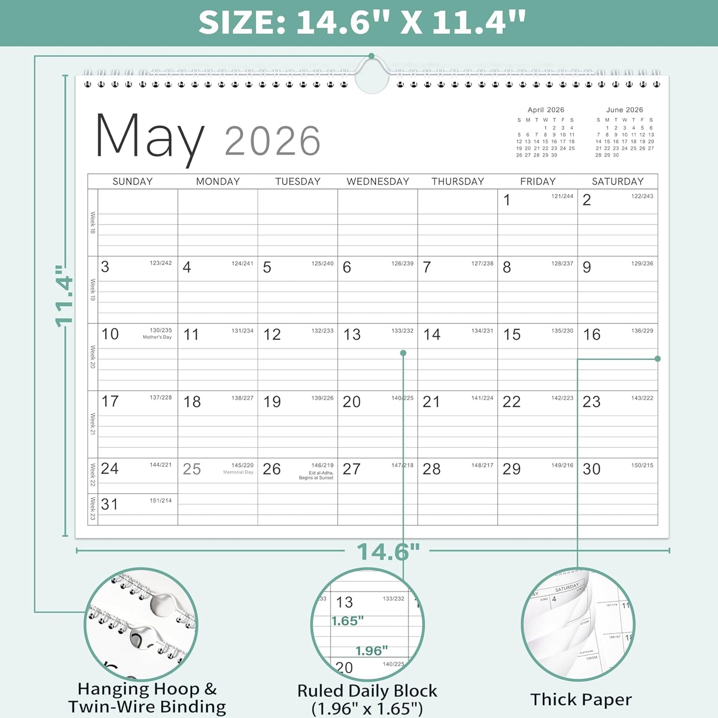 2026 Wall Calendar - 2026 Calendar from Jan. 2026 - Dec. 2026, 14.6" x 11.4", 12 Months Wall Calendar 2026, Thick Paper, Twin-Wire Binding, Simple Design