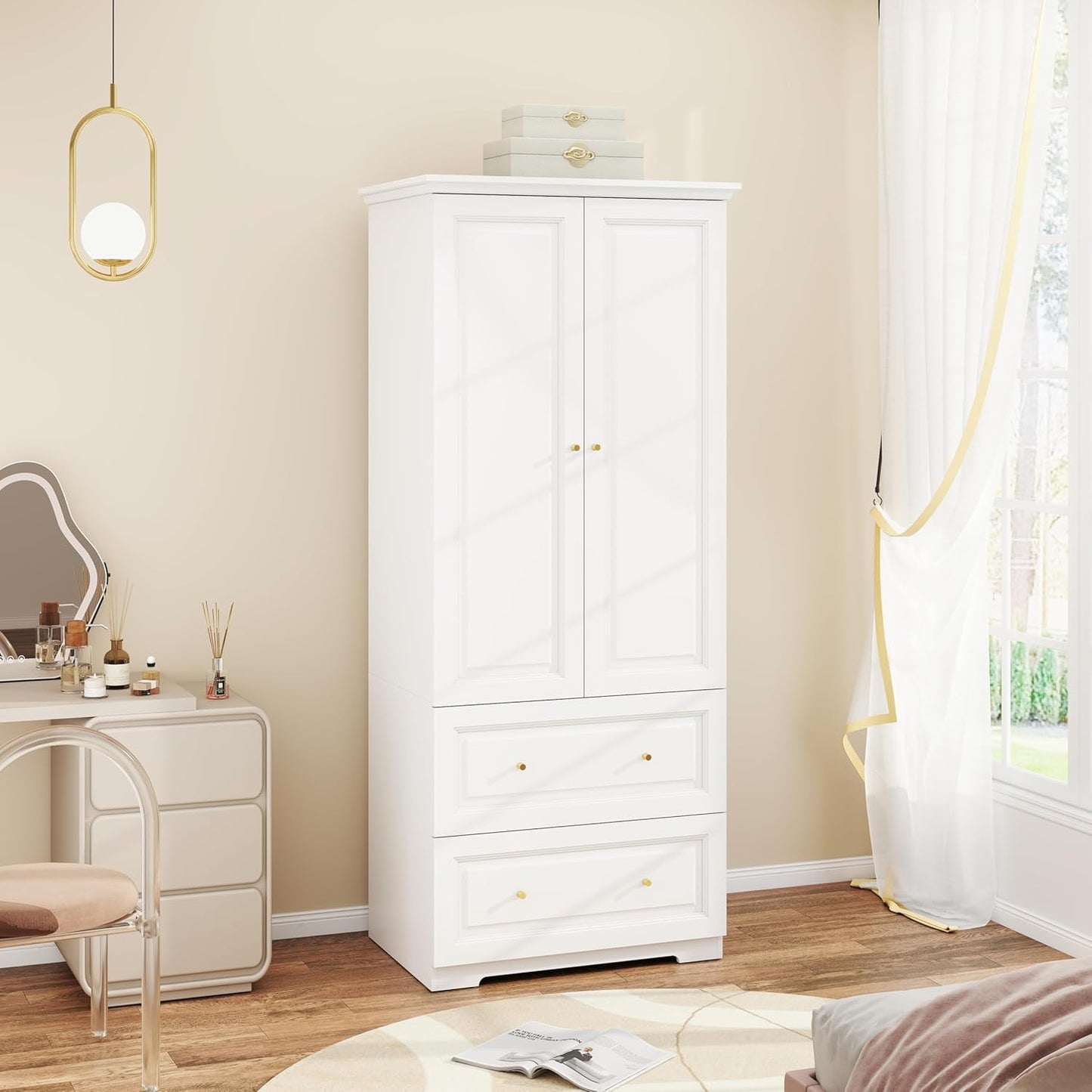 White Armoire Wardrobe Closet with Drawers: Wardrobe Closet for Hanging Clothes, Modern Bedroom Armoires with Hanging Rod, Wardrobes Closets with Doors and Shelves (White, 31.5")