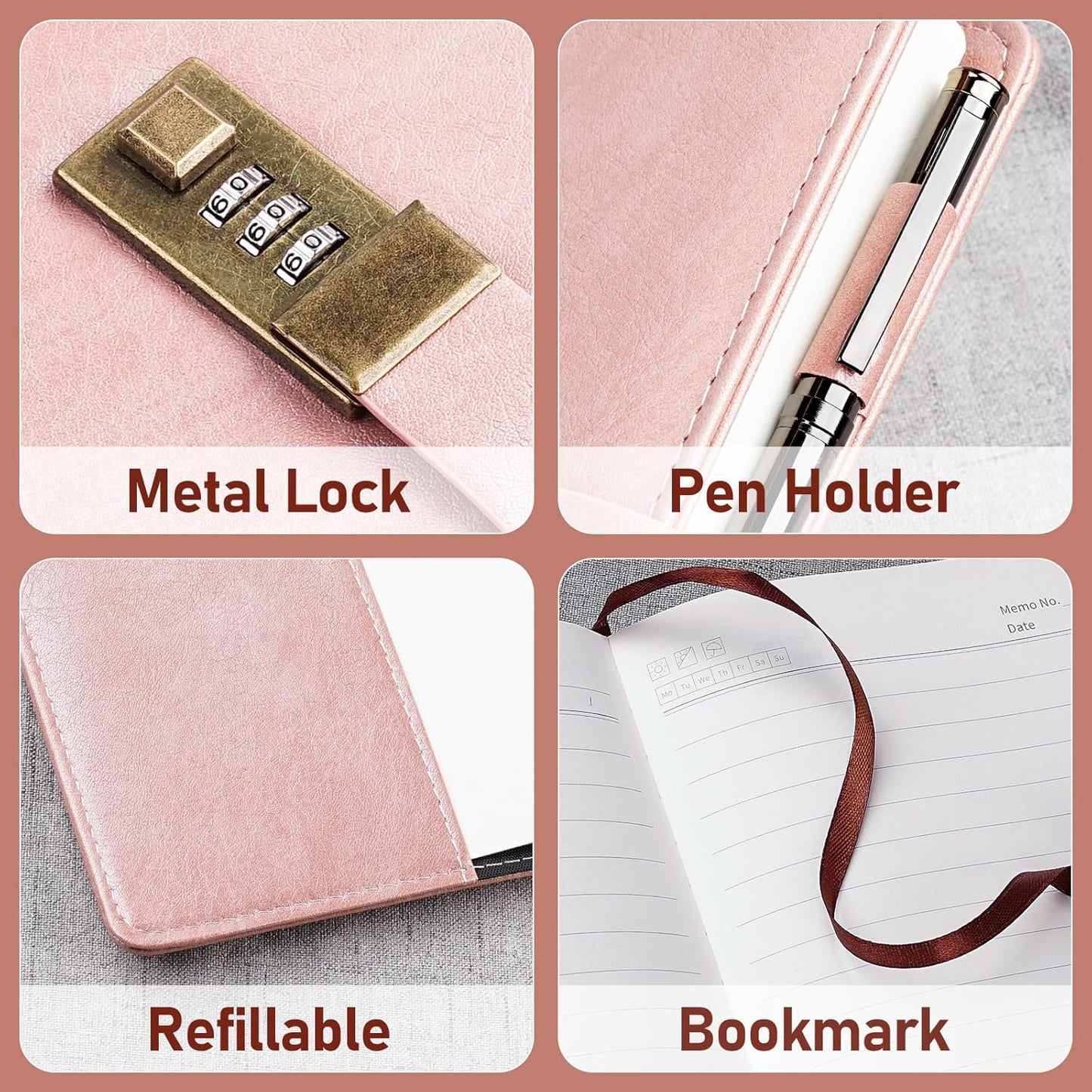 WEMATE Diary with Lock, A5 PU Leather Journal with Lock 240 Pages, Vintage Locks Journal Password Notebook with Pen, Locks Diary Planner Organizer for Men and Women, 8.6x5.8in