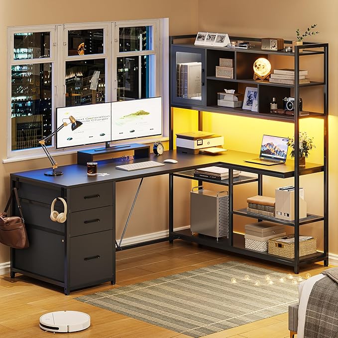 SEDETA L Shaped Computer Desk, 58'' Office Desk with 3 Drawers and Bookshelf, L Shaped Corner Desk with Storage Shelves and LED Light for Home Office, Gaming Desk, L Desk, Black