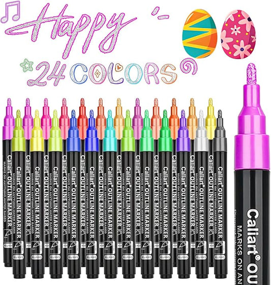 Caliart Outline Glitter Markers, 24 Colors Shimmer Metallic Glitter Pens Tween Teen Girl Gifts Trendy Stuff, Cool Fun Craft Arts Supplies Set for Kids 4-6-8-10-12
