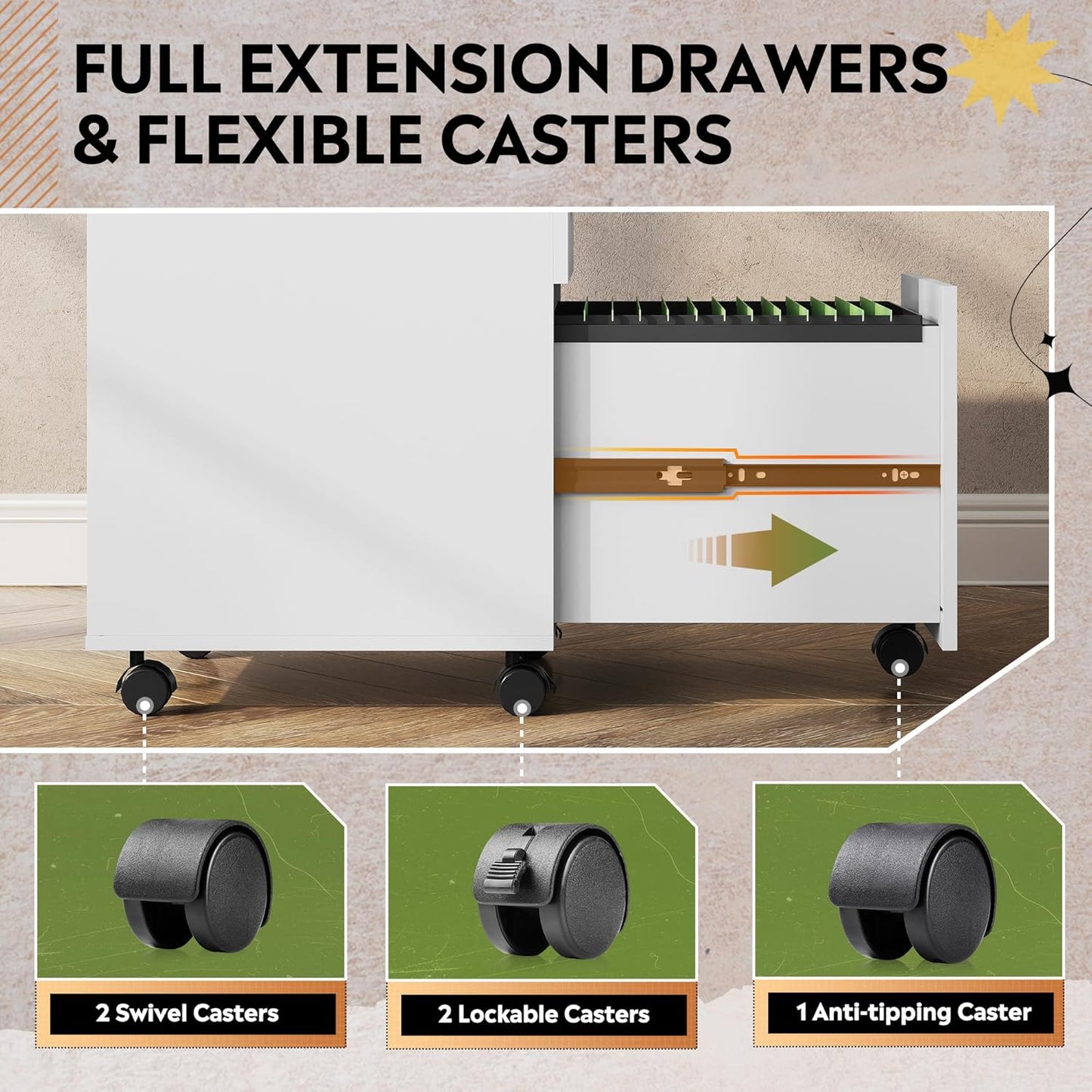 DEVAISE 3 Drawer File Cabinet for Home Office, Wood Under Desk Filing Cabinet, Rolling Printer Stand with Wheels, White