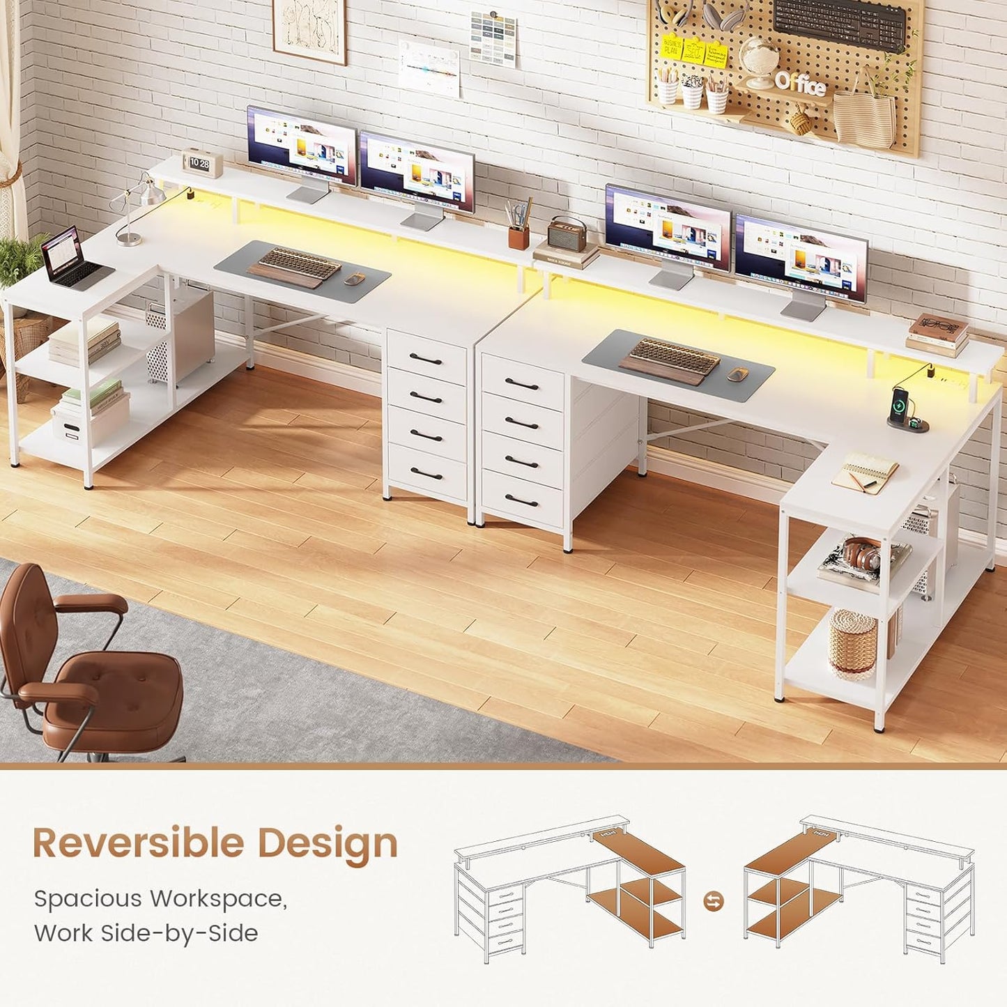 SEDETA L Shaped Desk with 4 Drawers and Storage Shelves, L Shaped Gaming Desk with LED Lights & Power Outlets, Computer Desk with Shelves & Drawer, Corner Desk Home Office Desk, White