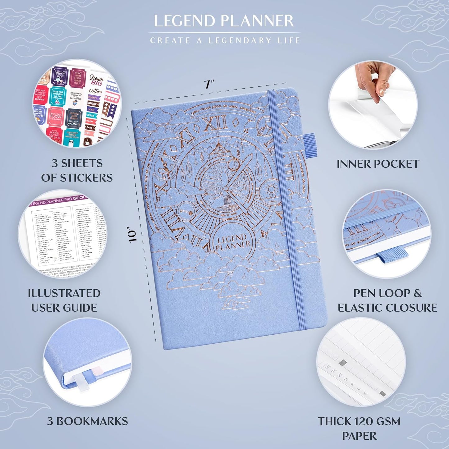 Legend Planner PRO – Deluxe Weekly & Monthly Life Planner to Increase Productivity and Hit Your Goals. Time Management Organizer Notebook – Undated – 7 x 10" Hardcover + Stickers – Periwinkle