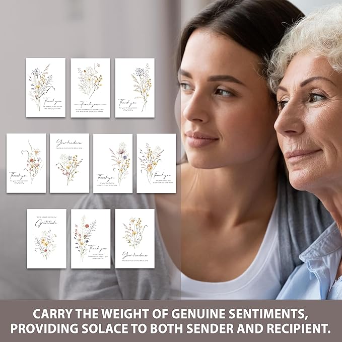 AUDREE 20 Pcs Funeral Thank You Cards with Envelopes Message Inside and Matching Stickers - Bulk 4×6 Watercolor Boho Wildflower Bereavement Thank You Cards For Funeral