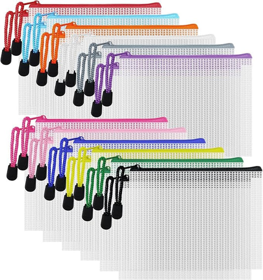 D-KINGCHY 24Pcs Zipper Storage Bags, Plastic Mesh Zippered Pouch for Organization, Waterproof Versatile Bags for Office Supplies School Travel
