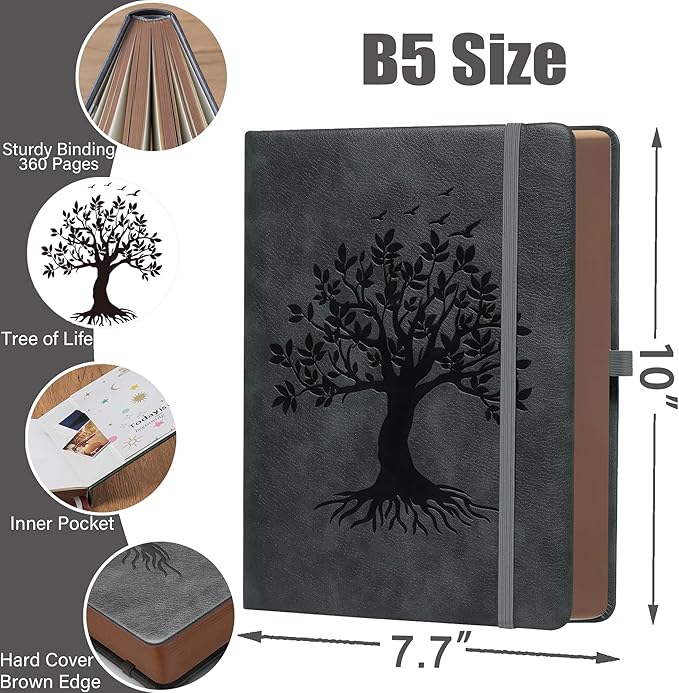 Thick Lined Journal Notebook with Pen, 360 Pages 100gsm Paper, Brown Sprayed Edge, Journal for Writing B5 Ruled Notebook ,Leather Hardcover,Perfect for Work, Office or School, 7.8'' x 10'' Dark Grey