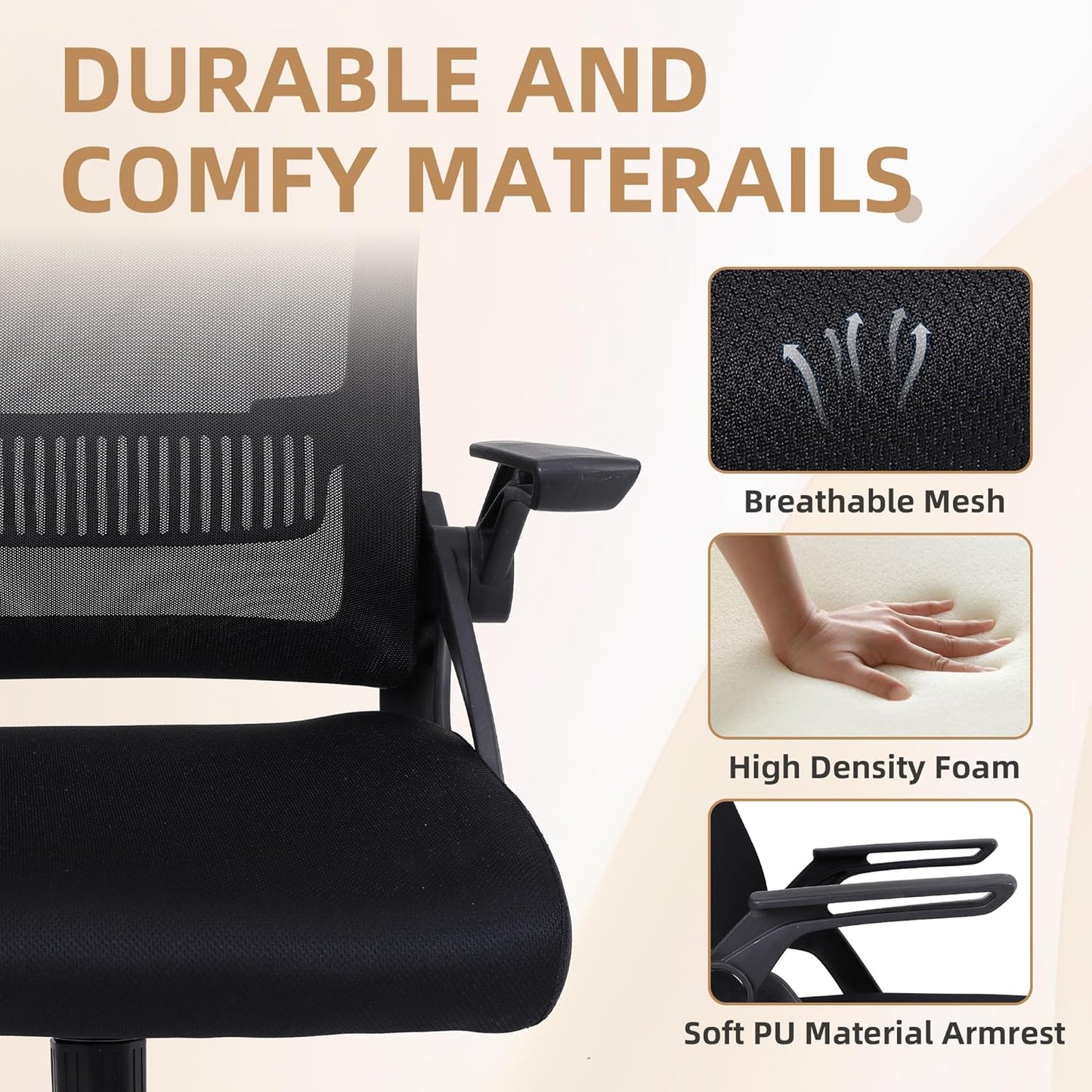 Modern Ergonomic Office Chair, Black, Mesh Back, Flip-up Armrests, Adjustable Height, 300 lbs Capacity