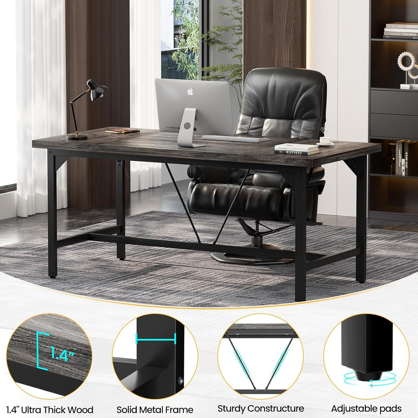 Unikito Large Computer Desk, 63x31.5 Inch Large Office Desks, Premium Sturdy 2 Person Desk, 1.4” Thick Study Writing Table, Modern Laptop Computer Table for Home Office Workstation, Black Oak