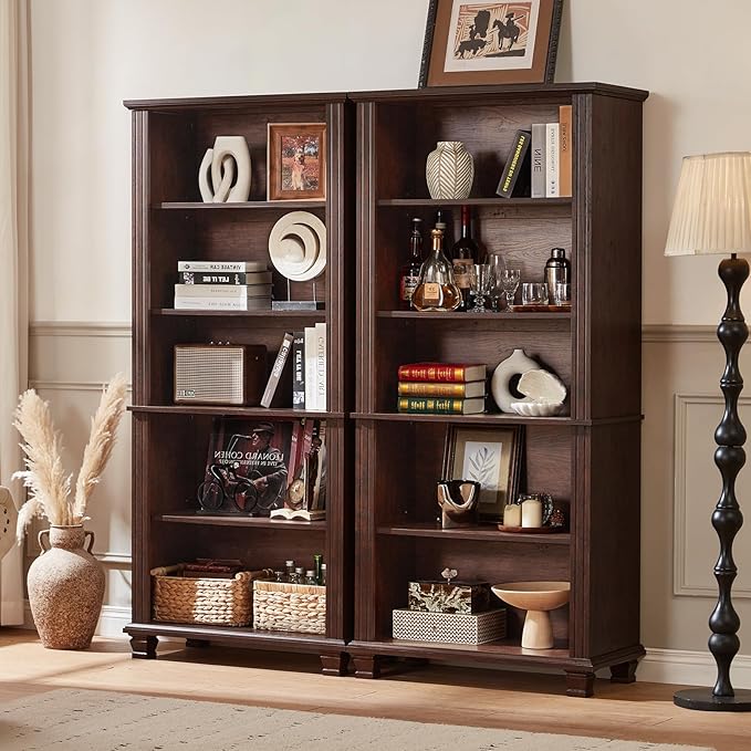 70" Tall Walnut Bookshelf,5 Tier Wooden Book Shelf with Adjustable Shelves & Wood Legs,Free Standing Farmhouse Bookcase with Open Display Storage,Vintage Bookshelves for Classroom, Office