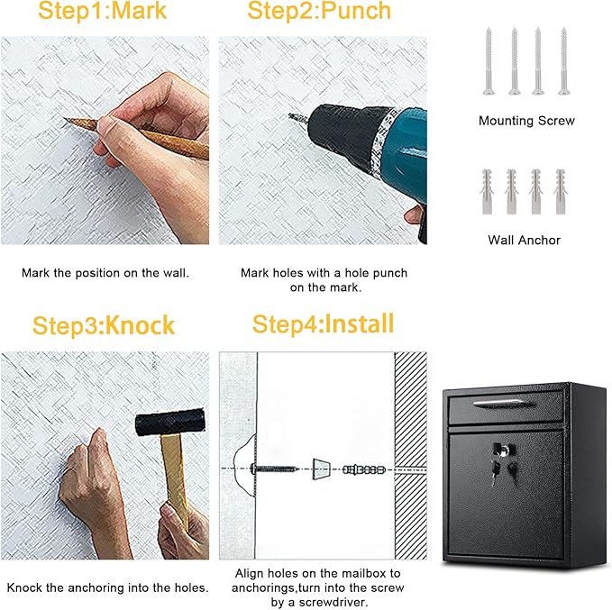 xydled Steel Mailbox Wall Mount, Medium Locking Mailbox with Key Lock, Lock Mail Boxes for Outside, Security Key Drop Box, Collection Boxes, 13.4H x 11.6L x 5.6W Inches, Black, Large