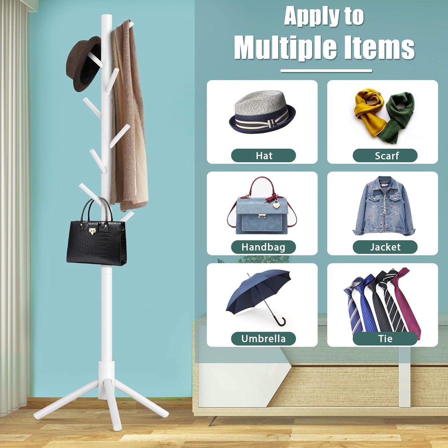 Haddockway Wooden Coat Rack Stand with 8 Hooks New Zealand Pine 3 Adjustable Coat Standing Tree Easy Assembly for Coats, Hats, Scarves and Handbags for Entryway, Hallway, Bedroom, Office, white