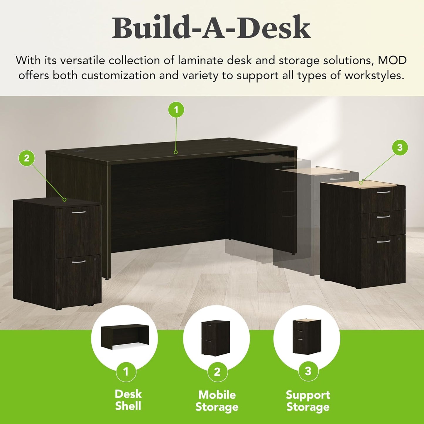 HON MOD Executive Desk 66-Inch Large Computer Desk Shell, Thick Wooden Laminate, Modern Table with Cord Management, 66" W x 30" D x 29" H, Java Oak