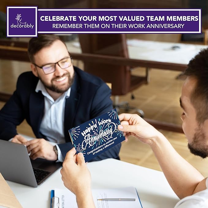 Decorably 24 Pack 6x4in Happy Work Anniversary Cards for Employees with Envelopes & Stickers, 8 Fireworks Designs Employee Anniversary Cards, Blank Inside