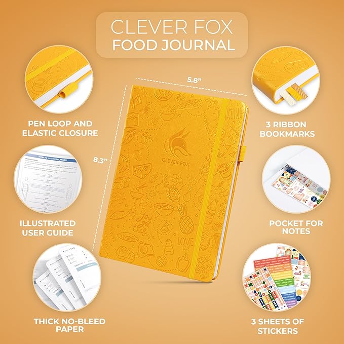 Clever Fox Food Journal - Daily Food Diary, Meal Planner to Track Calories & Nutrients, Weight Tracker Notebook, A5 (Amber Yellow)