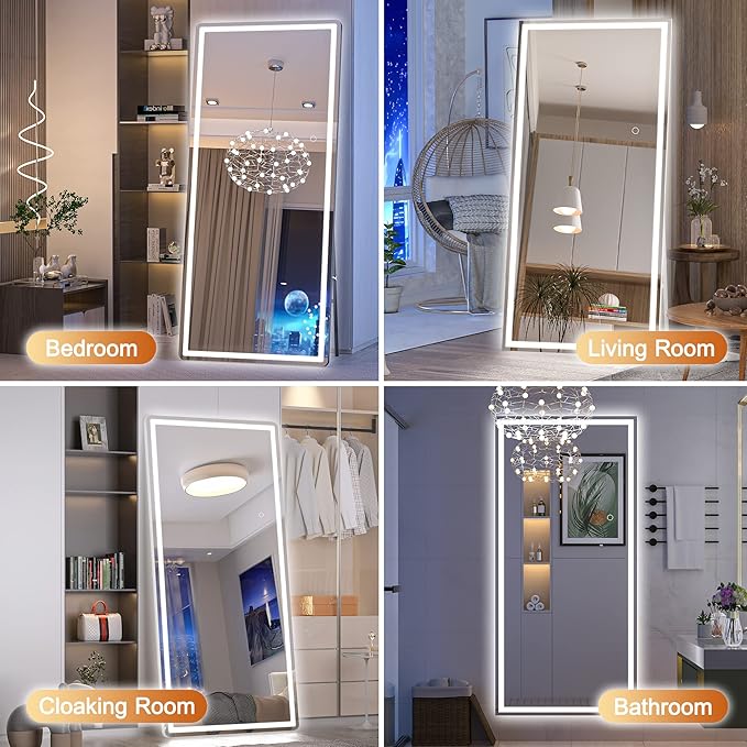 Hasipu Full Length Mirror with Lights, 79" x 32" LED Lighted Floor Standing Mirror, Full Body Dressing Hanging Mounted Mirrors, Dimmable, Tempered Glass, Safe to Use, Square Black