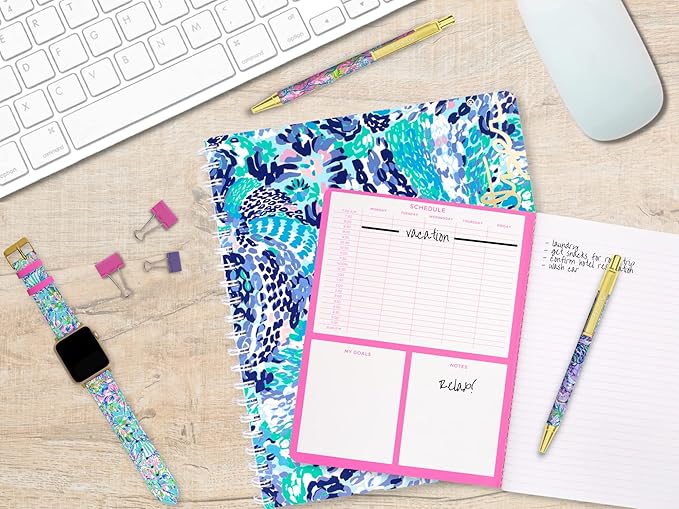 Lilly Pulitzer Blue Large Hardcover Spiral Notebook, 11" x 9.5" with 160 College Ruled Pages, Wave After Wave