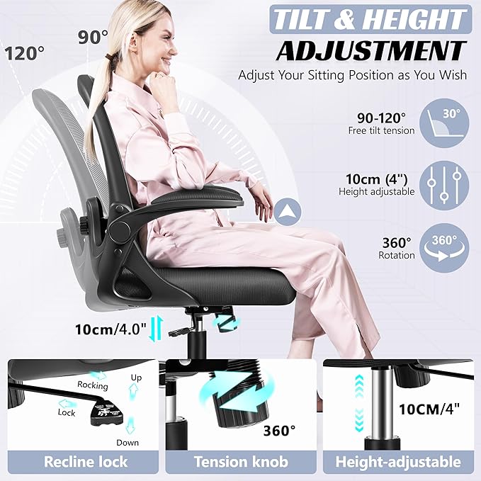 Office Chair Ergonomic Desk Chair with Adjustable 3D Lumbar Support and Height, Comfy Mesh Computer Chair with Flip-up Armrests, Swivel Rolling Task Chair with Wheels for Home Office (Black)