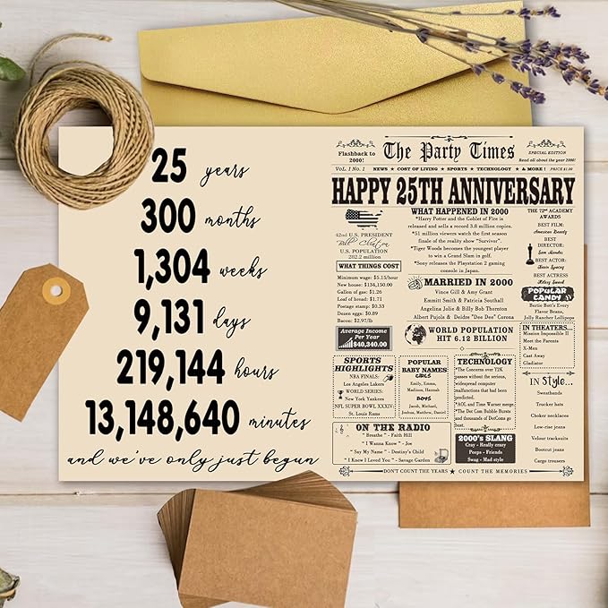 YiKaLus Large 25th Anniversary Card for Couples, Retro 25 Years Wedding Aday Gift Ideas for Him Her, Unique Silver Aday Gifts for Husband Wife