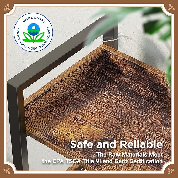 Seventable Bookshelf 6 Tier with 4 Hooks, 67” Industrial Wooden Bookcase, Vintage Storage Rack with Open Shelves, Rustic Standing Bookshelves Metal Frame 43.3” Wide Display Rack, Rustic Brown