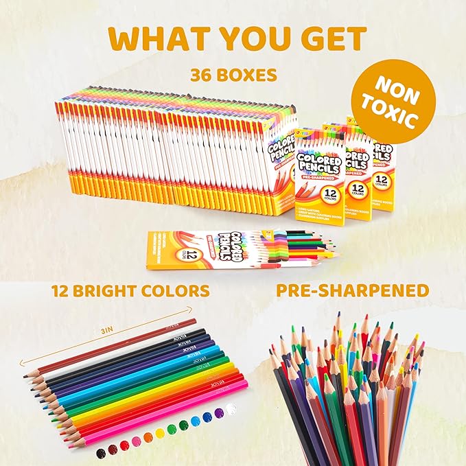 JOYIN 432 Count Colored Pencils Bulk, Colored Pencils for Kids 3+, 12 Colors, 36 Packs, Pre-sharpened Coloring Art Supplies, School Supplies