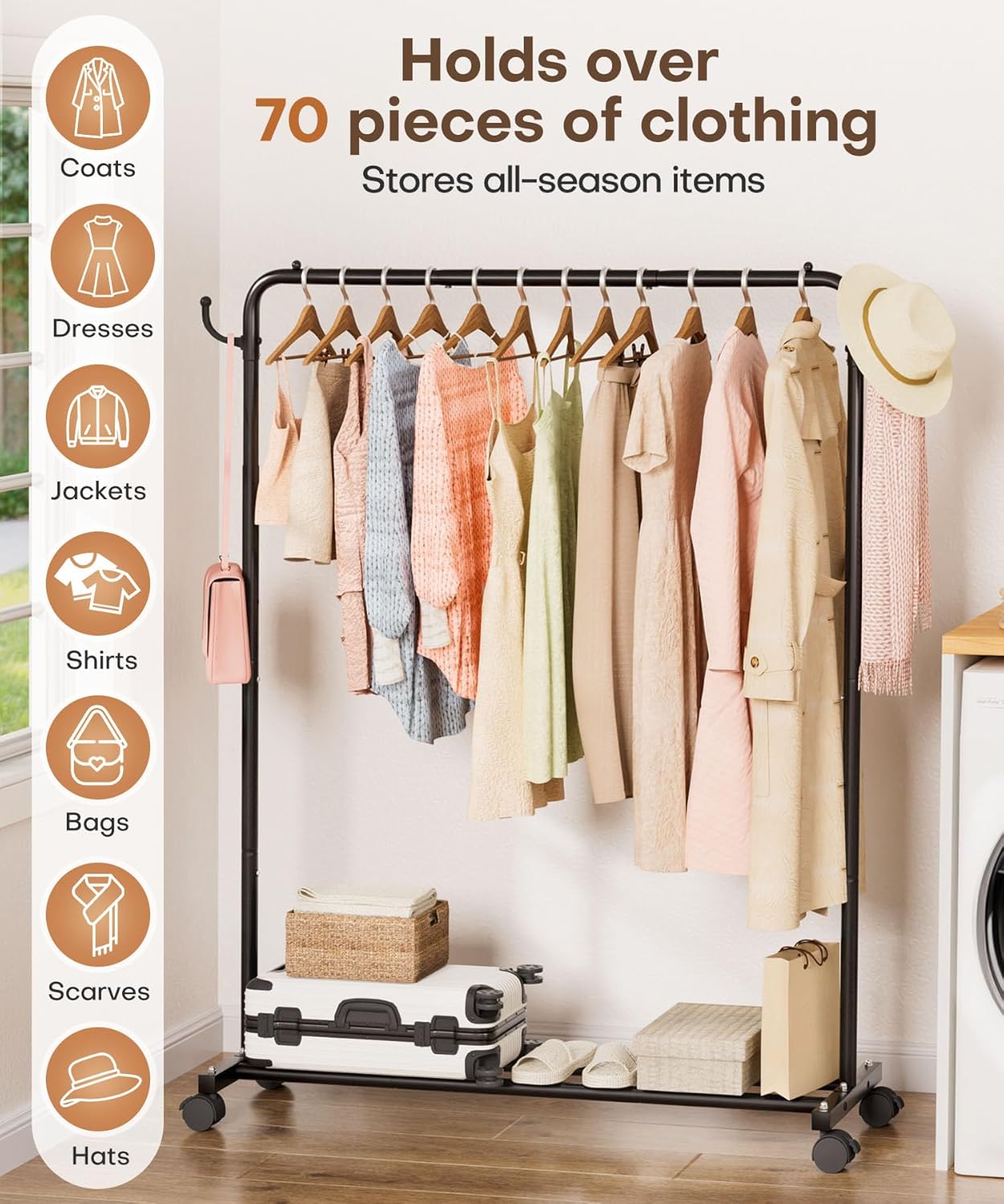 Homde Heavy Duty Clothes Rack: 120lb Standing Garment Storage for Indoor - Rolling Hanging Rod for Bedroom Laundry Room - Coat Dress Organizer on Wheels with luggage shelf (Black,46")