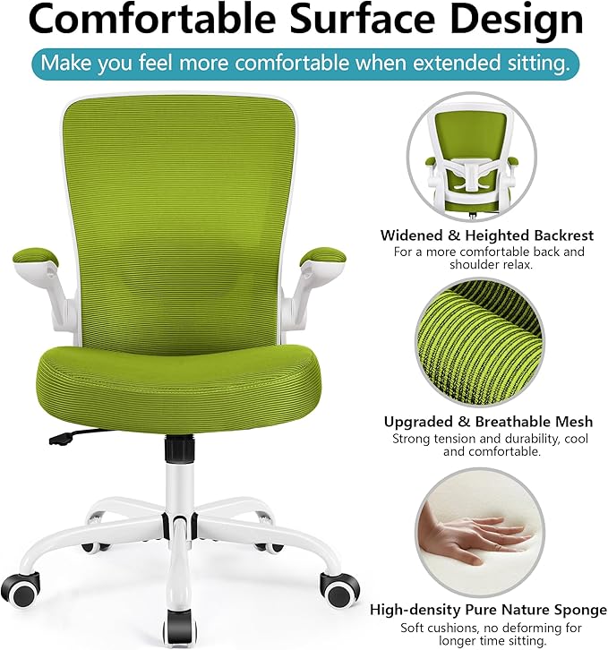 FelixKing Office Chair, Ergonomic Desk Chair Breathable Mesh Chairs with Adjustable High Back Lumbar Support Flip-up Armrests, Executive Swivel Comfy Task Computer Chairs for Home Office Avocado Green