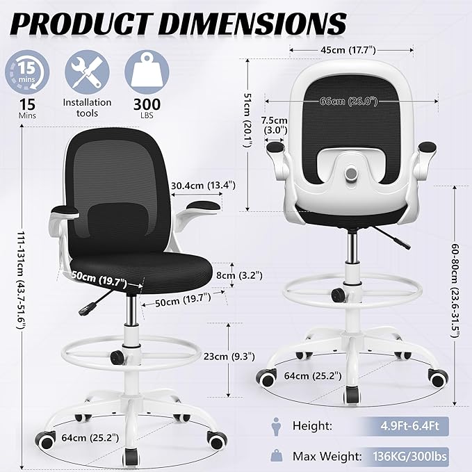 Drafting Chair, Tall Office Chair Ergonomic Standing Desk Chair,with Adjustable Footrest Ring, 3D Lumbar Support, Flip-up Armrests, Swivel Desk Stool for Drawing Working (White)