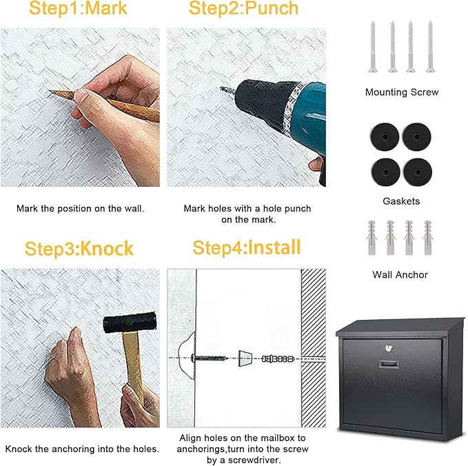 xydled Mail Boxes with Key Lock,Locking Mailbox Wall Mounted, Large Capacity, Galvanized Steel Cover Metal Postbox for House, 14 X 12.5 X 4.25 Inch, Grey