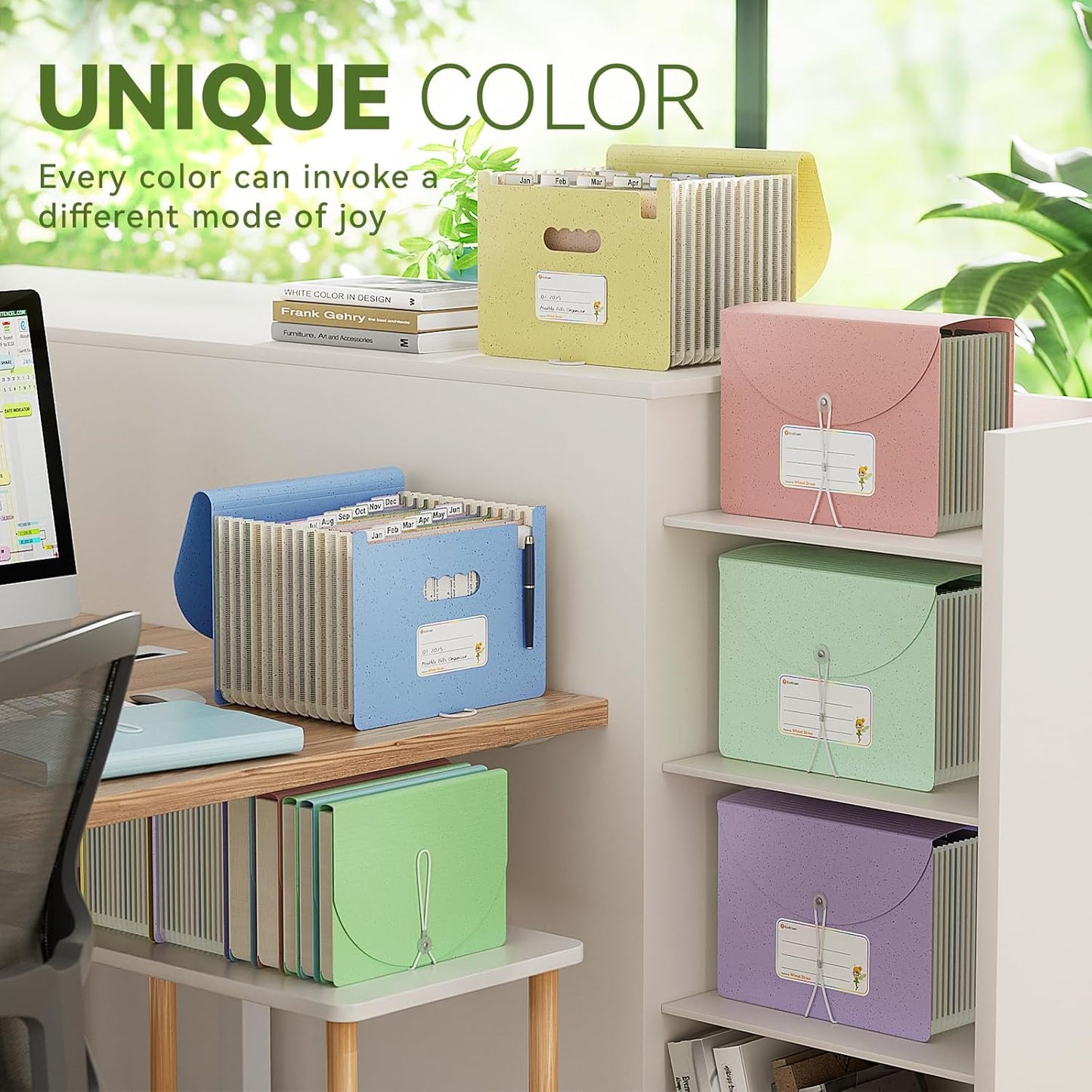 Accordion File Organizer, 12 Pockets Wheat Straw Expanding File Folder, Portable Monthly Paper Bill Tax Receipt Organizer, Letter A4 Size Document Holder,Green Office with Colorful Tab,Mint Green