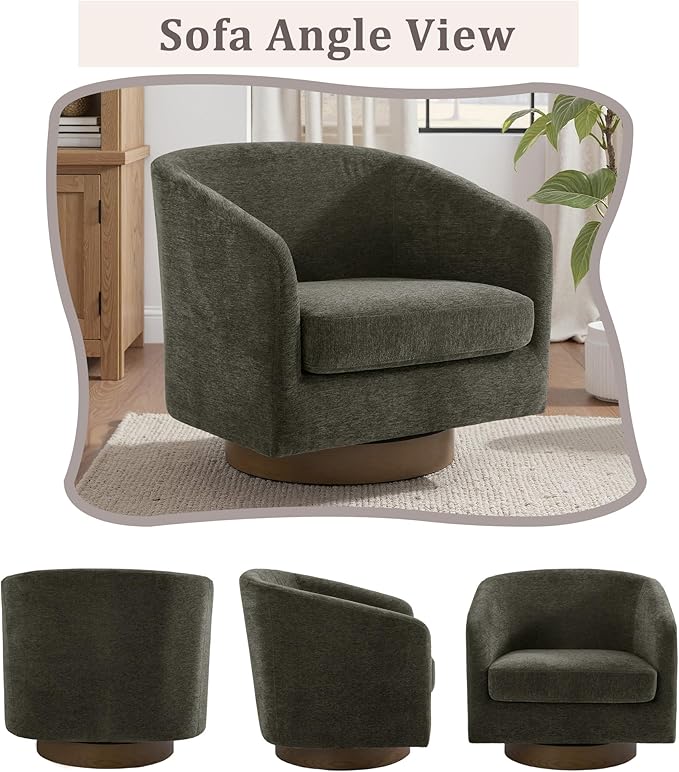 UIXE Swivel Accent Chair with Wood Base, Chenille Upholstered Barrel Chairs for Living Room, Comfy Round Armchair Single Sofa Bedroom Reading Seat - 31" W, Tan