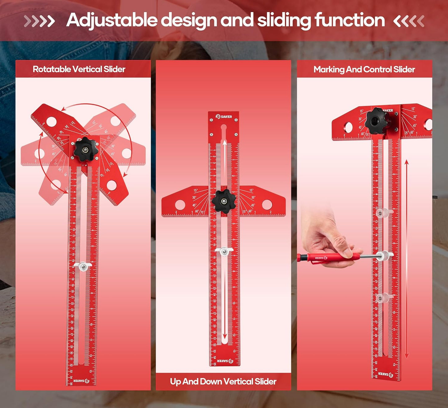 Saker Woodworking Scriber Marking Line Ruler, Adjustable Aluminum Alloy Sliding T-Square Ruler,Precision Line Drawing aid Ruler with Angle Adjustment Scale