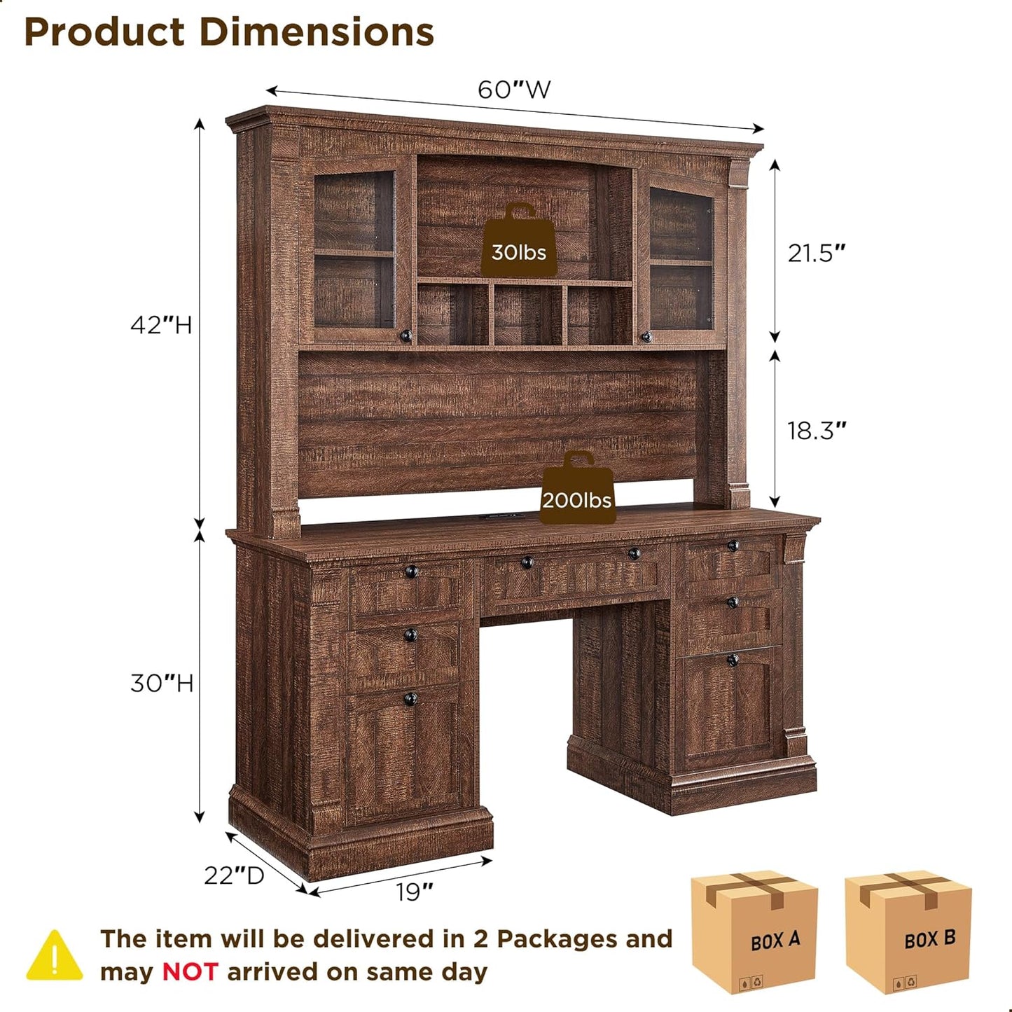 OKD 60" Executive Desk with Hutch and Drawers, Farmhouse Home Office Desk with Charging Station, Keyboard Tray, File Cabinet Storage, Wood Computer Desk for Work and Study, Reclaimed Barnwood