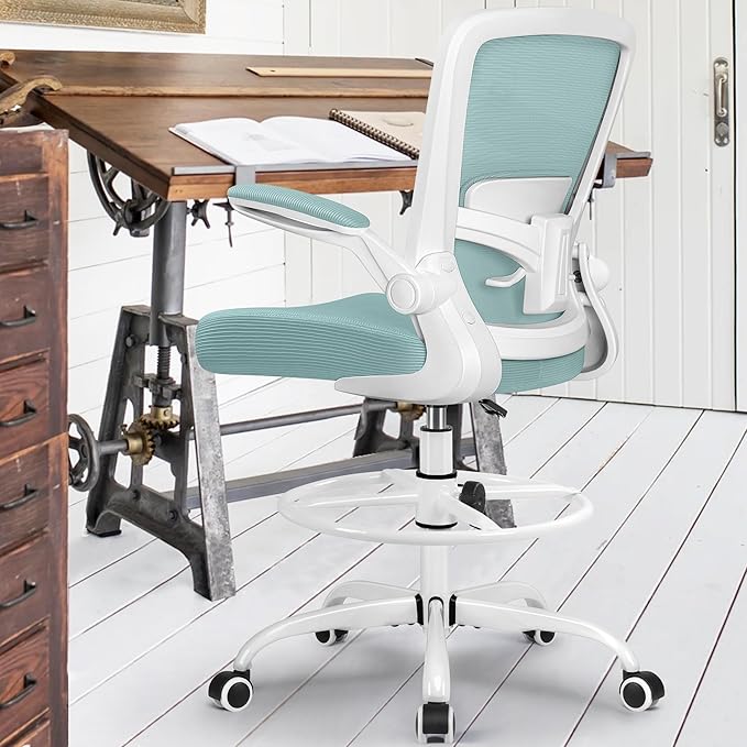 FelixKing Drafting Chair Ergonomic Tall Office Chair, Breathable Mesh Chair with Adjustable Footrest Ring Lumbar Support Flip-up Armrests, High Back Executive Comfy Task Computer Chair for Home Office