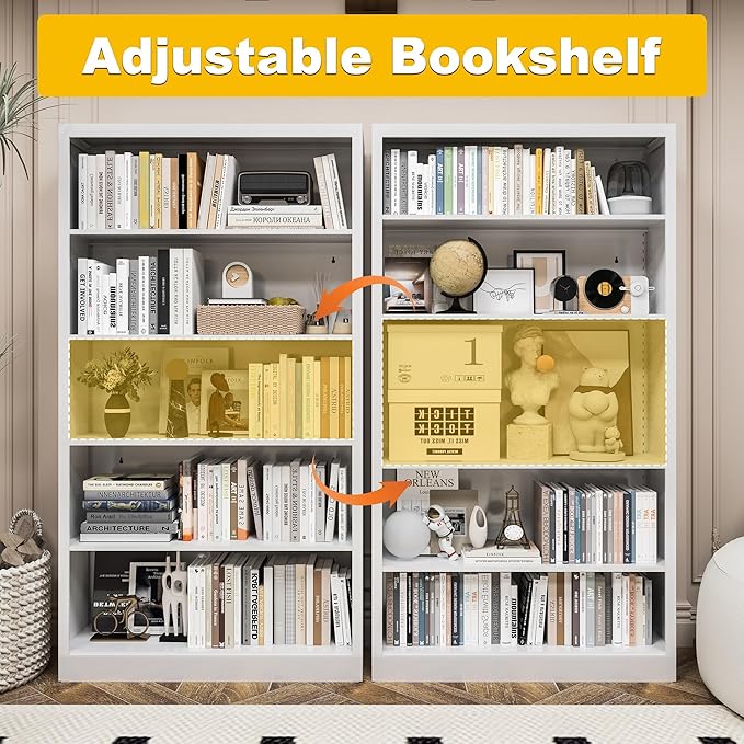 5 Tier Bookshelf, Metal White Book Shelf with Backboard, Adjustable 55" Tall Bookcase, Modern Book Shelves for Living Room, Office, Bedroom, School