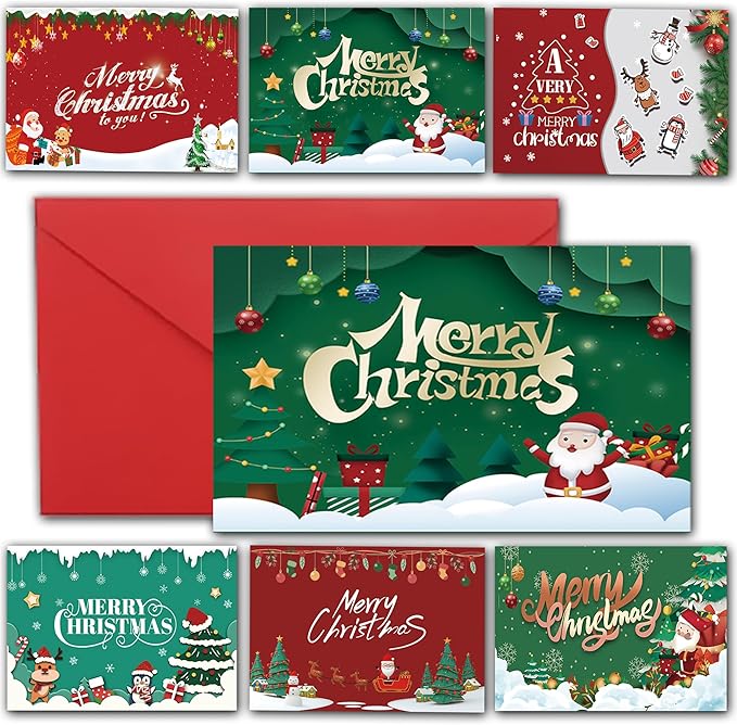 Christmas Cards with Envelopes, Stocking Stuffers for Adults, 6 Assorted Designs Holiday Greeting Cards,Christmas Party Favors 12Pcs Pack Set 6x4 inch, Cards For Family, Kids, Friends