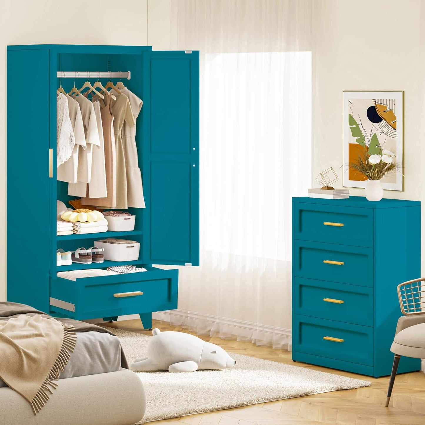 Metal Wardrobe Cabinet,71 Armoire Wardrobe Closet with Drawers and Hanging Rod,Metal Armoire with Adjustable Shelves for Closet,Bedroom,Farmhouse Storage Cabinet with Drawer(Blue)