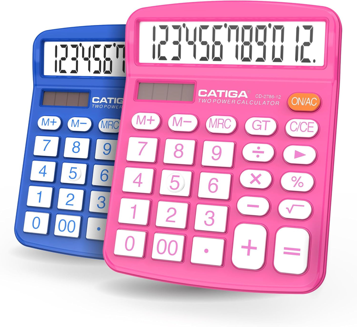 CATIGA Desktop Calculator (2 Pack) 12 Digit with Large LCD Display and Sensitive Button, Solar and Battery Dual Power, Standard Function for Office, Home, School, CD-2786 (Blue/Pink)