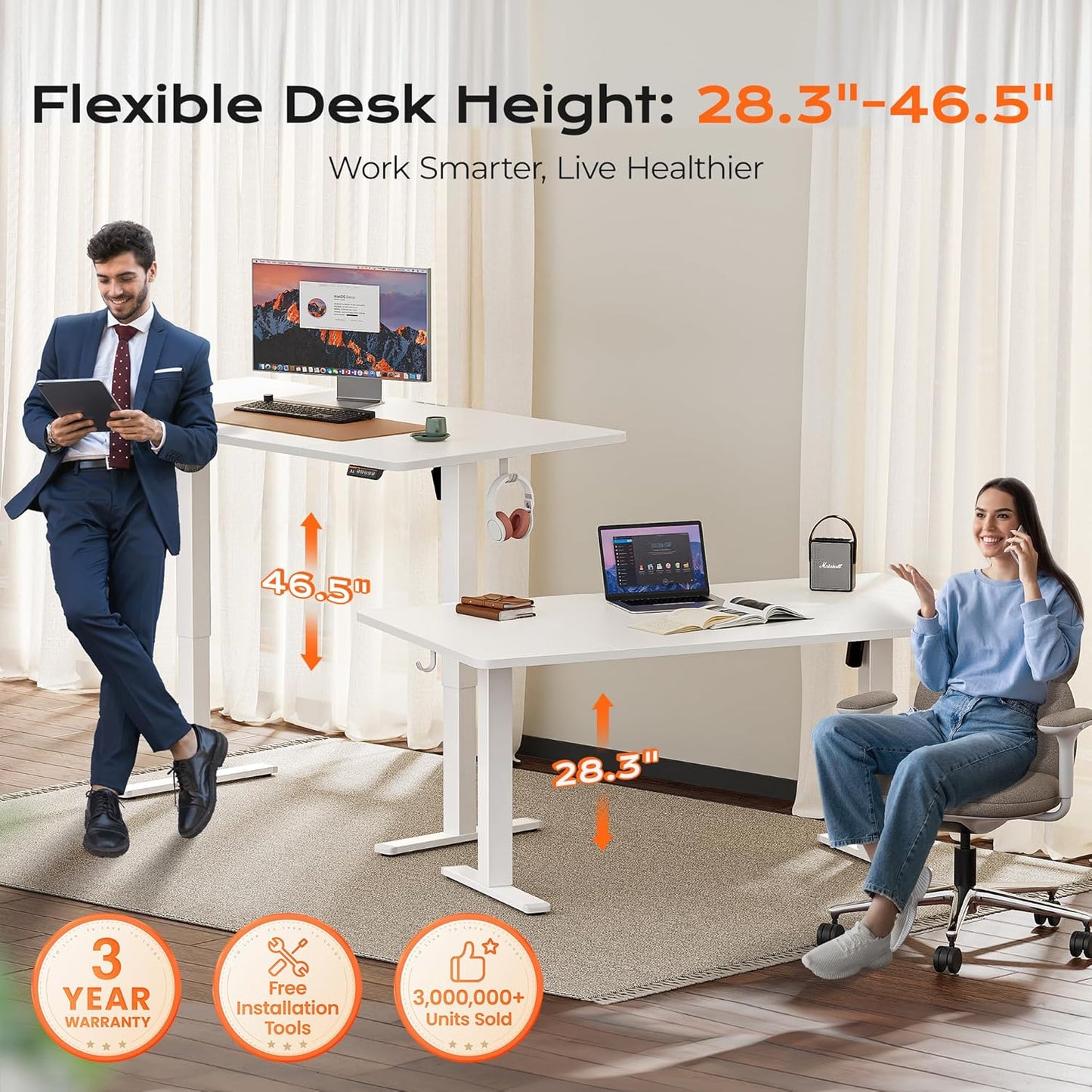 Huuger 63 x 28 Large Electric Standing Desk, Height Adjustable Computer Desk, 27.6" Deep Desktop, Stand up Gaming Office Table with 2 Hooks, 3 Preset Heights, for Home Office, White