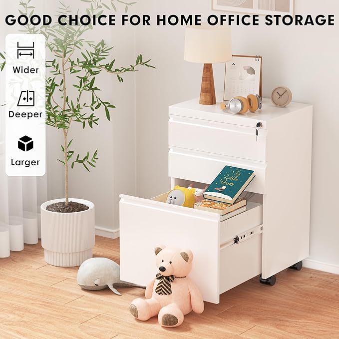 Superday 3 Drawer Mobile Locking File Cabinet, Metal Rolling Vertical File Cabinet with Drawers, Small Under Desk Lateral Cabinets for Office and Home, Fully Assembled Except
