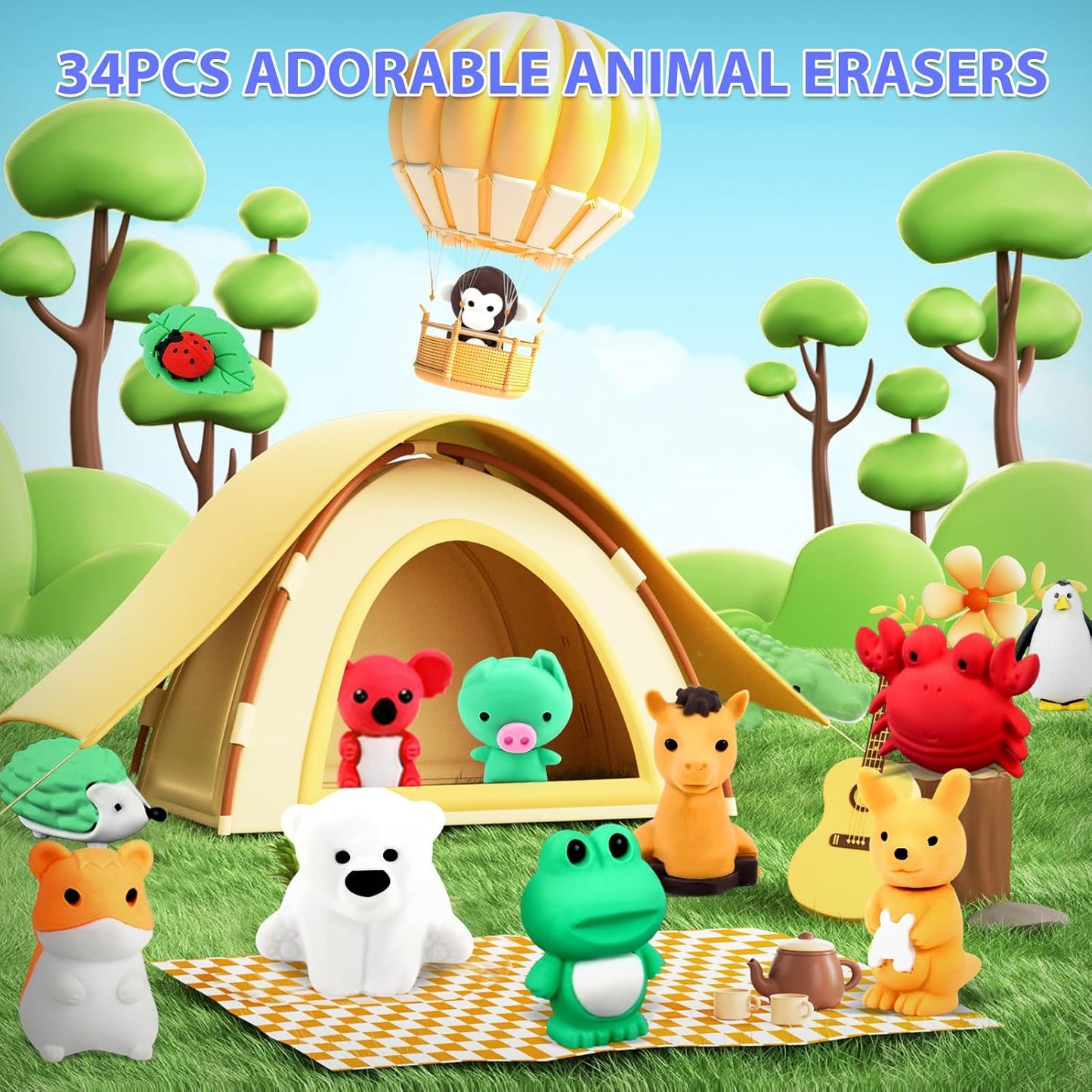 34Pcs Animal Erasers Bulk Cute Desk Pets Kids Puzzle Erasers Take Apart Cool 3D Eraser Mini Pencil Eraser Fun Party Favors for School Supplies Classroom Rewards Easter Egg Fillers Gifts