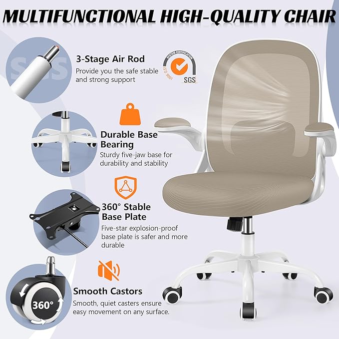 Office Chair Ergonomic Desk Chair with Adjustable 3D Lumbar Support and Height, Comfy Mesh Computer Chair with Flip-up Armrests, Swivel Rolling Task Chair with Wheels for Home Office (Khaki)