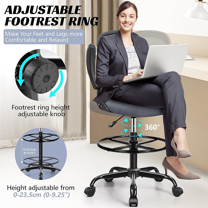 Drafting Chair, Tall Office Chair Ergonomic Standing Desk Chair,with Adjustable Footrest Ring, 3D Lumbar Support, Flip-up Armrests, Swivel Desk Stool for Drawing Working (Dark Gray)