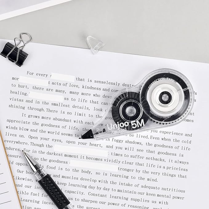 White Correction Tape, Easy To Use Applicator for Instant Corrections Wrong Writing At Any Time, For school, Office (12pack, 5M/196" x 0.2", Black)